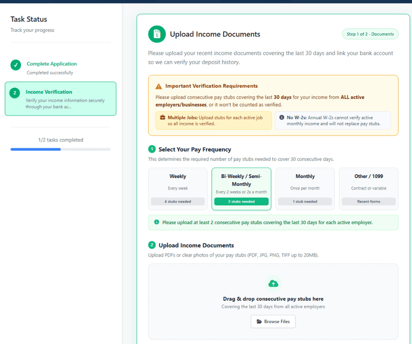 Paystub document upload screen for applicants
